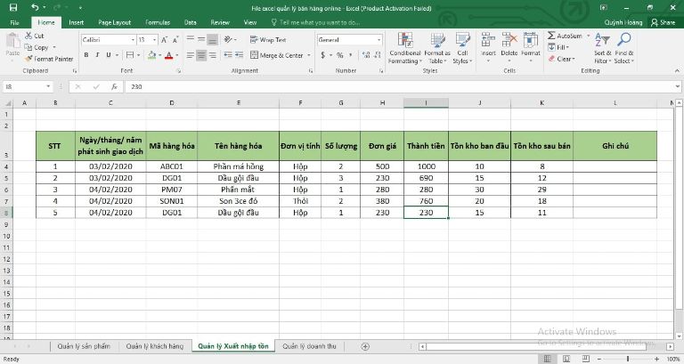 Mẫu Excel quản lý kho