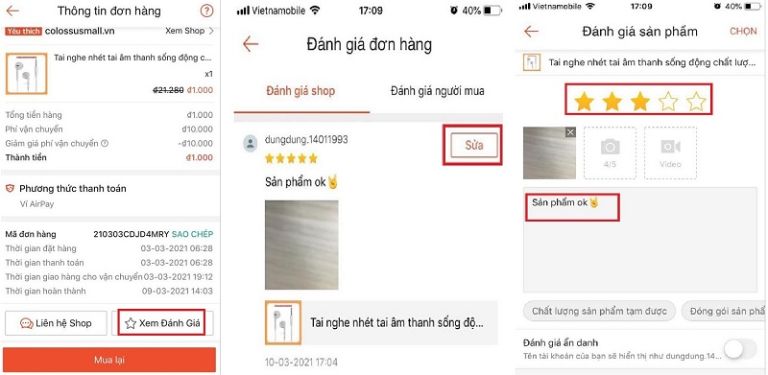 cách đánh giá sản phẩm shopee