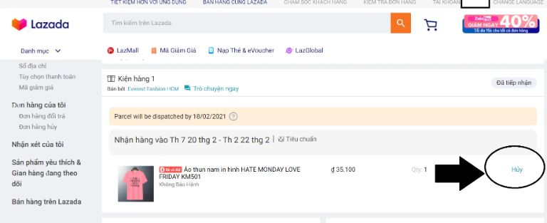 Huỷ đơn hàng Lazada