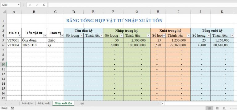 quản lý kho vật tư bằng excel