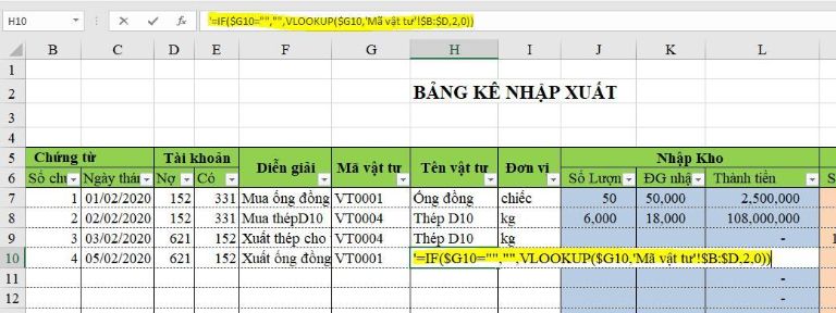 Thiết lập công thức khi quản lý kho vật tư bằng excel