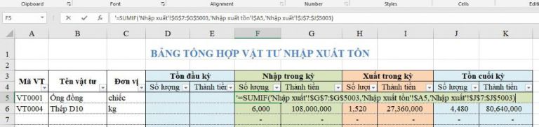 Thiết lập công thức quản lý vật tư xuất - tồn quản lý kho vật tư bằng excel