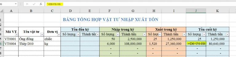 Công thức tính vật tư tồn cuối kỳ khi quản lý kho vật tư bằng excel