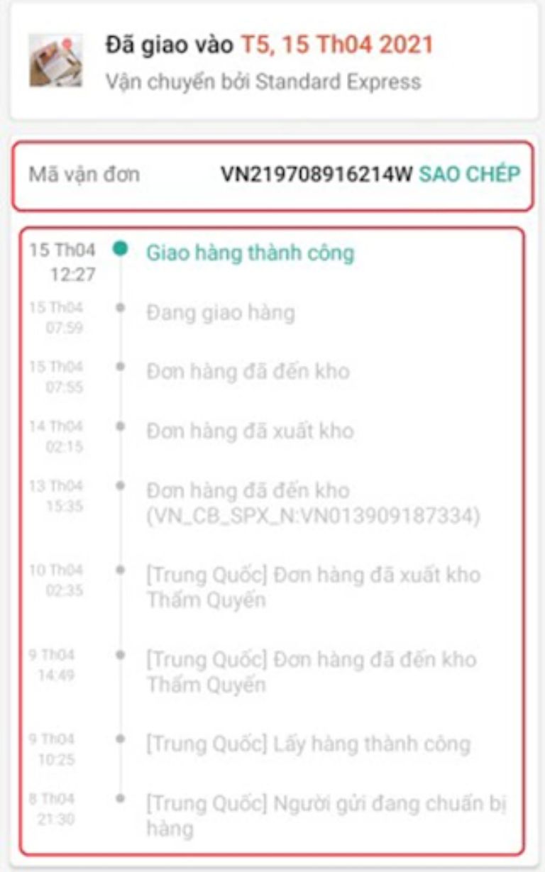 Quá trình vận chuyển trên Standard Express Shopee 