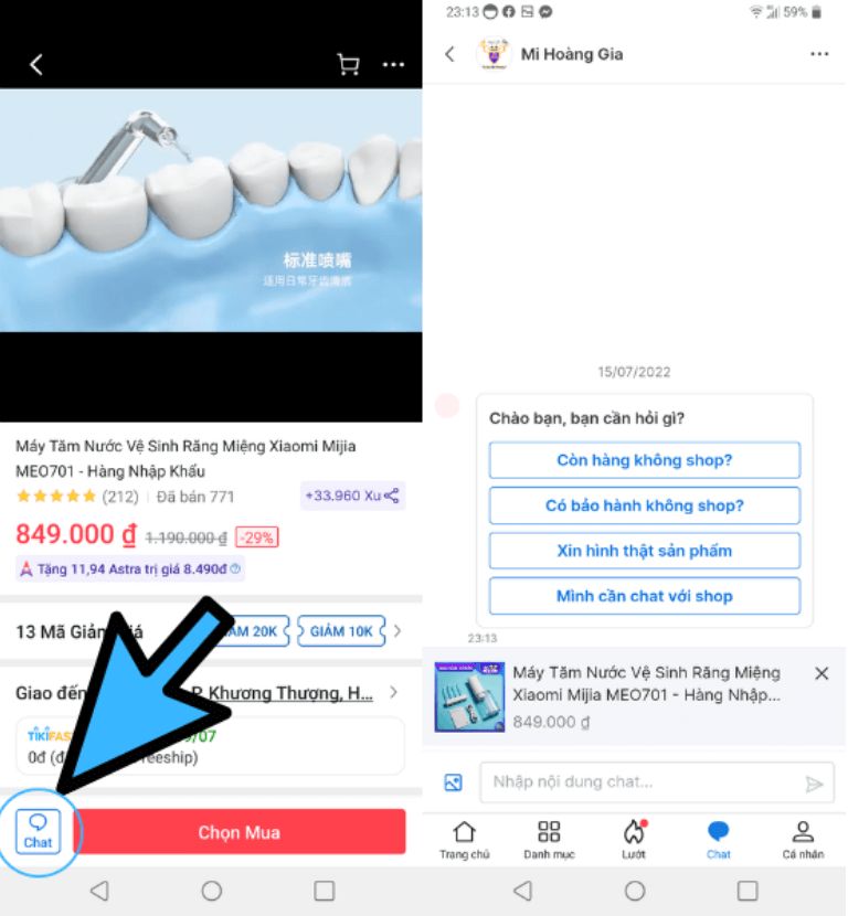 cách chat với shop trên Tiki