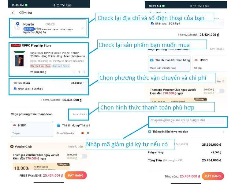 Cách đặt hàng trên lazada trên điện thoại