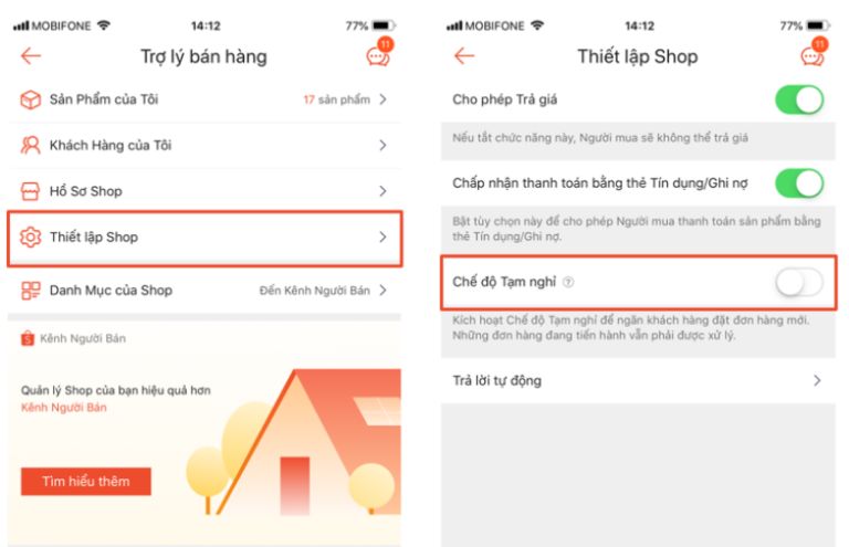 chế độ tạm nghỉ Shopee