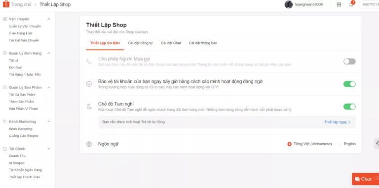 chế độ tạm nghỉ Shopee