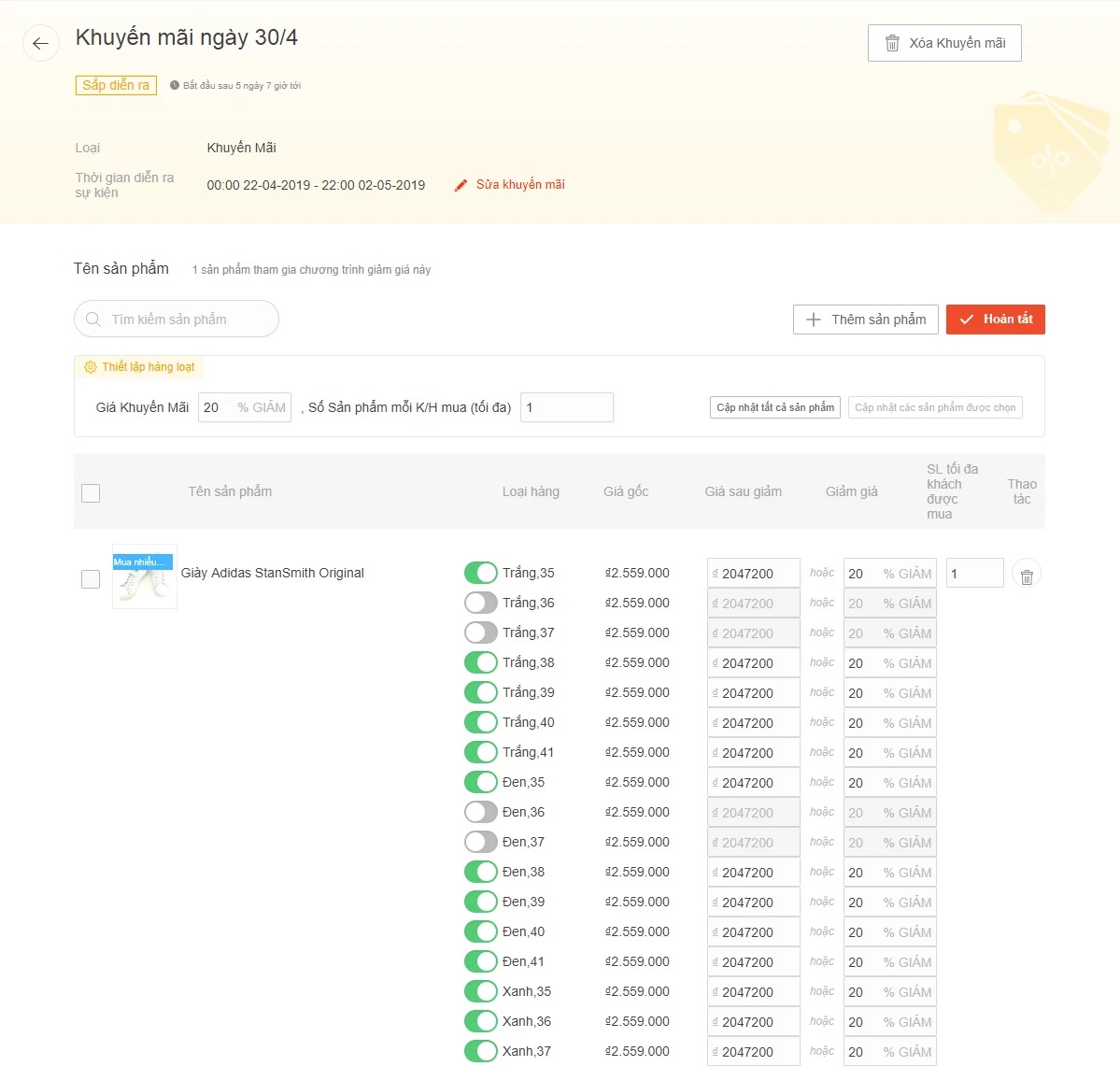 Bạn có thể điều chỉnh bật/tắt chương trình khuyến mãi theo từng sản phẩm cụ thể