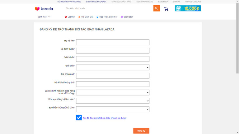 Đăng ký giao hàng Lazada qua biểu mẫu trên web Lazada