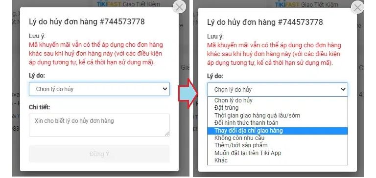 hủy đơn hàng tiki