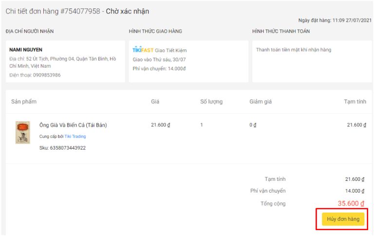 hủy đơn hàng tiki