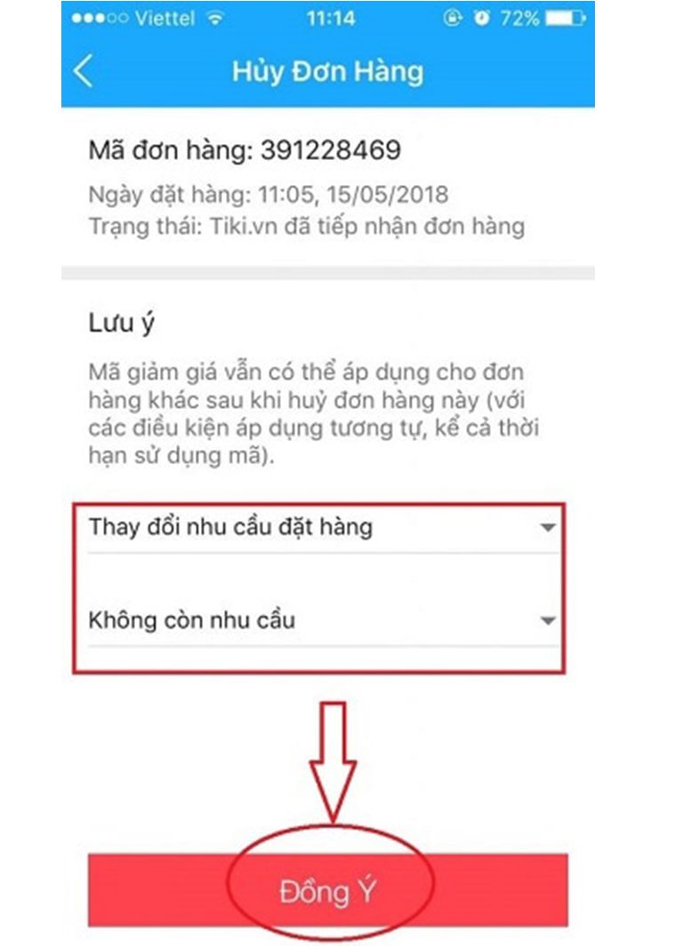 hủy đơn hàng tiki