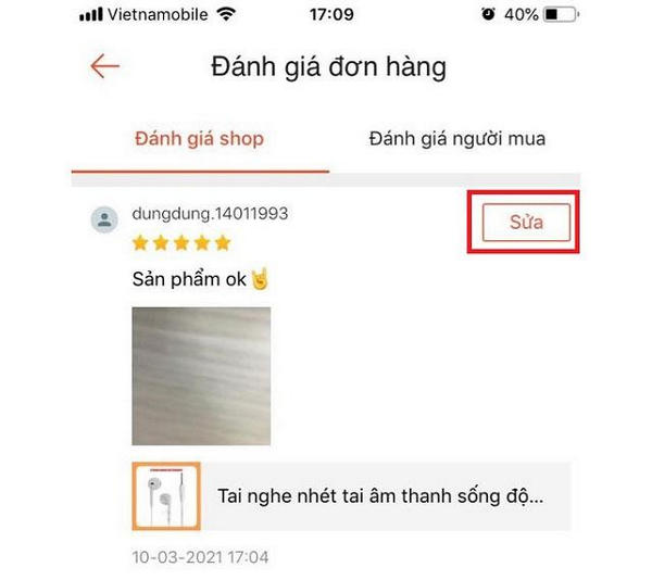 Xem đánh giá để sửa đánh giá trên Shopee