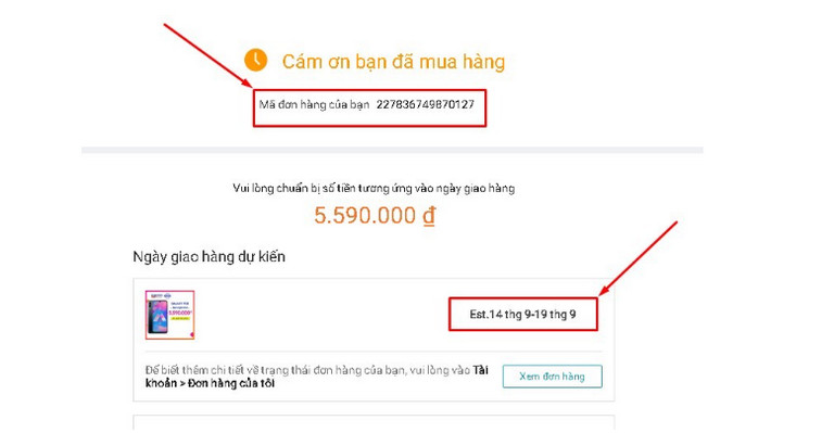 Thông báo đặt hàng thành công từ Lazada