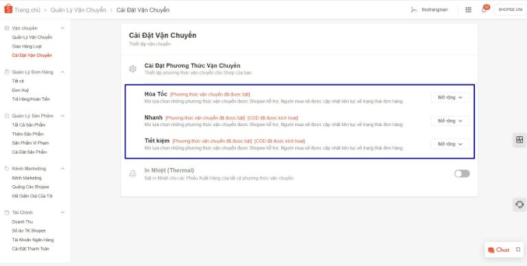 Cài đặt vận chuyển shop