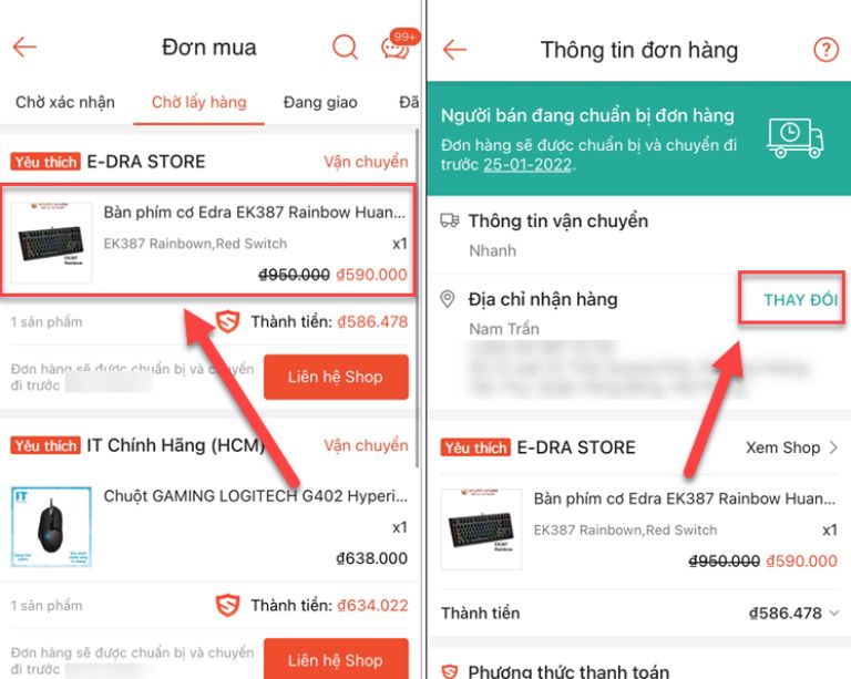 cách thay đổi địa chỉ nhận hàng trên Shopee