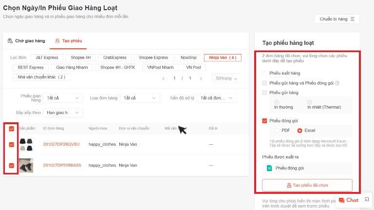 in đơn hàng loạt trên Shopee