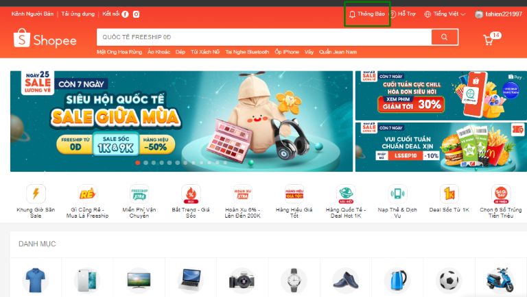 tắt thông báo Shopee