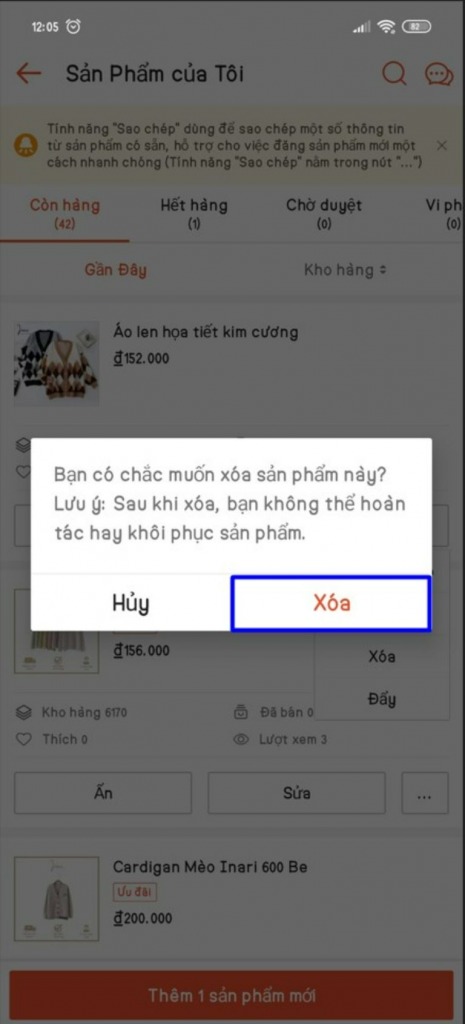 Xóa sản phẩm trên Shopee bằng điện thoại