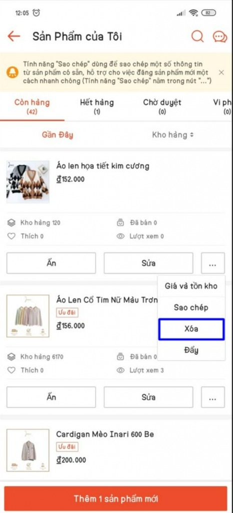 Xóa sản phẩm trên Shopee bằng điện thoại