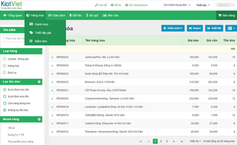 Giao diện phần mềm quản lý hàng tồn kho KiotViet