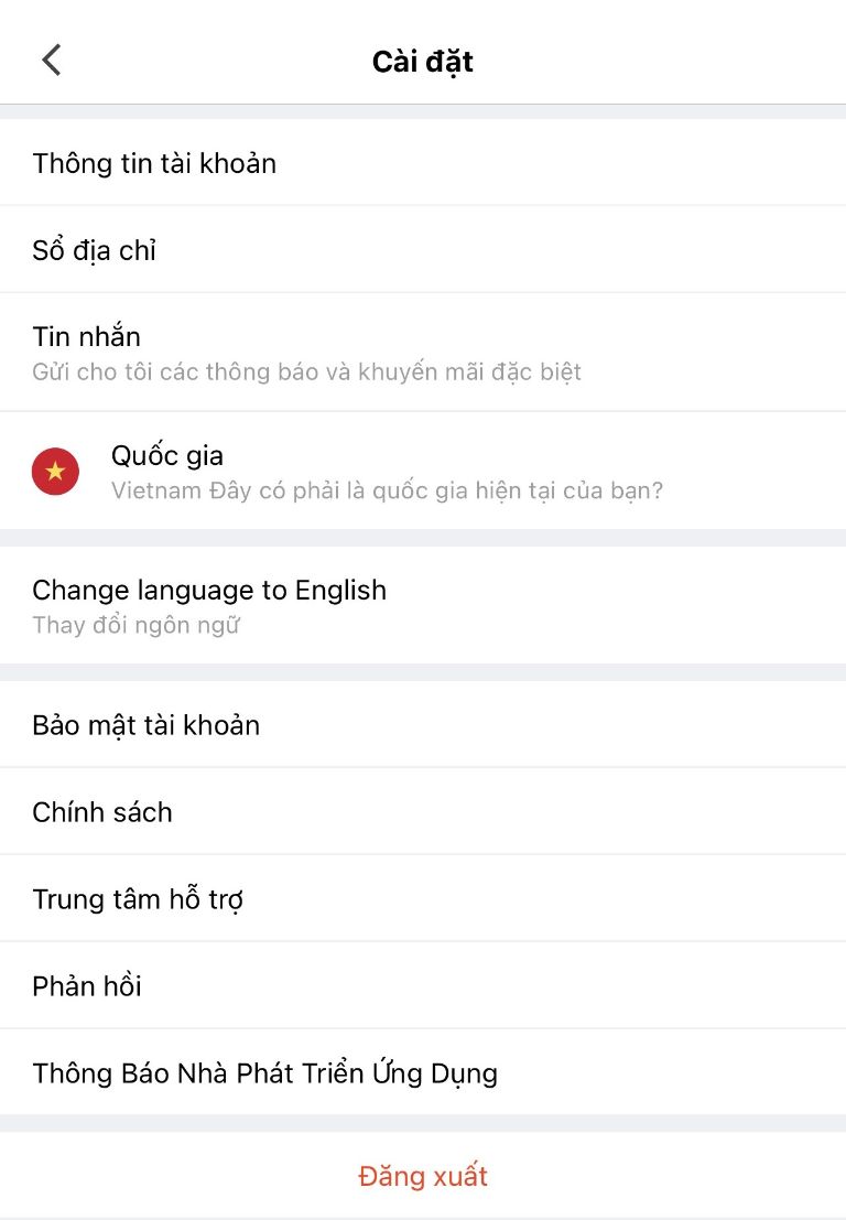 thay đổi ngôn ngữ trên Lazada