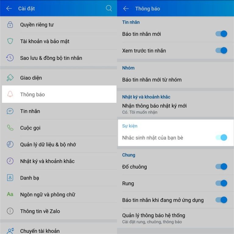 tắt thông báo sinh nhật trên Zalo