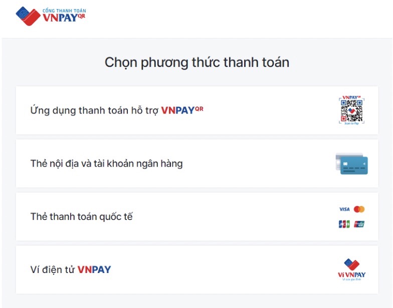 Các phương thức thanh toán trên cổng VNPAY